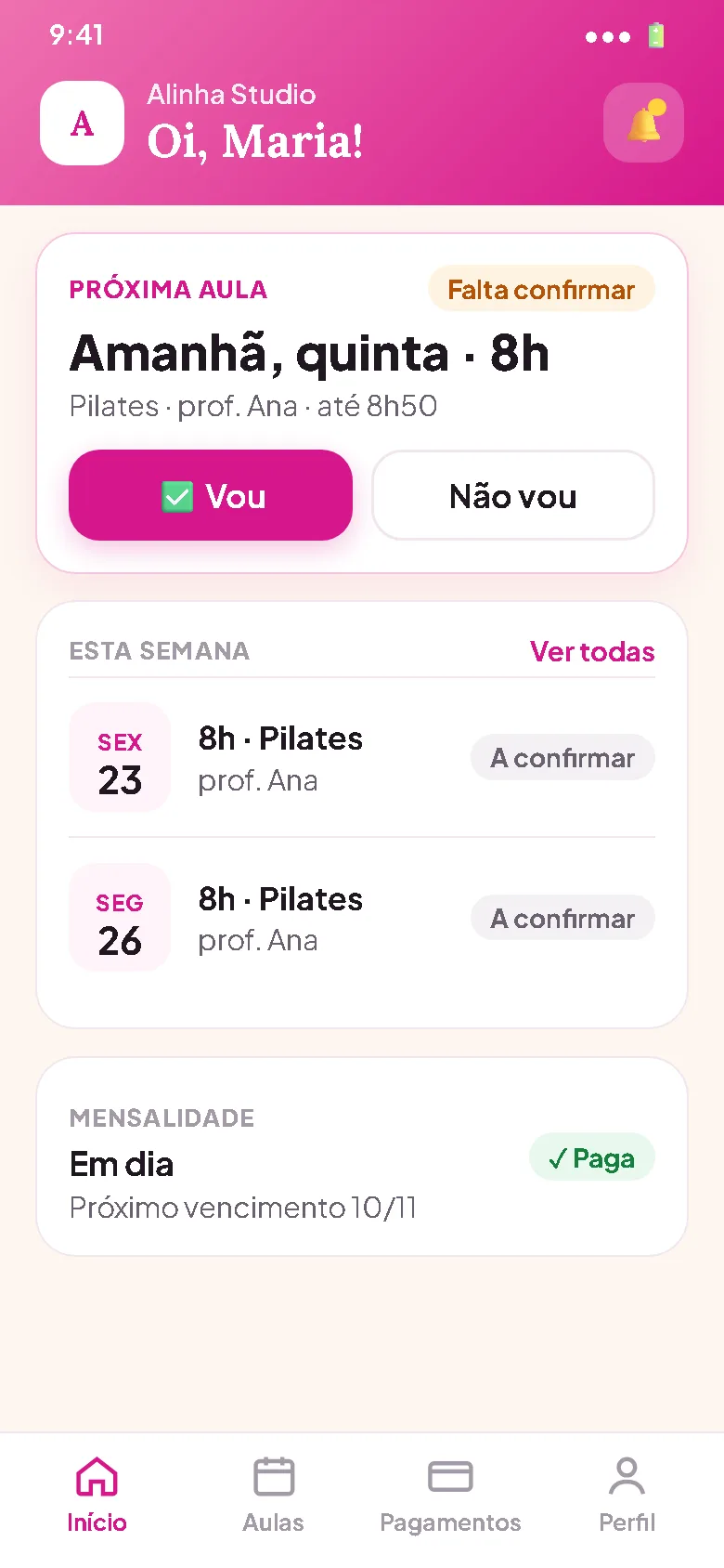 Área do aluno: próxima aula com os botões Vou e Não vou